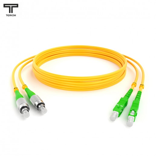 ТЕЛКОМ ШОС-2х3.0-2FC/A-2SC/A-SM-70м-LSZH-YL Шнур оптический duplex FC/APC-SC/APC 9/125 OS2 одномодовый SM (3.0мм) LSZH, длина 70м