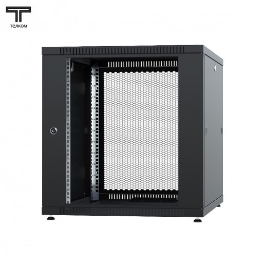 ТЕЛКОМ TLN-12.6.8-СП.9005МА Шкаф напольный 12U 600x800x623мм (ШхГхВ) телекоммуникационный 19", передняя дверь стеклянная - задняя дверь перфорированная, цвет черный (RAL9005МА) (4 места)