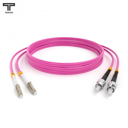 ТЕЛКОМ ШОС-2х3.0-2LC/U-2ST/U-MM504-12м-LSZH-MG Шнур оптический duplex LC/UPC-ST/UPC 50/125 OM4 (40Gb) многомодовый MM (3.0мм) LSZH, цвет маджента, длина 12м