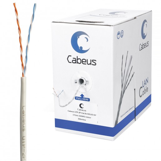 Cabeus UTP-2P-Cat.5e-SOLID-LSZH-GY-500 Кабель витая пара UTP (U/UTP), категория 5e, 2 пары (24 AWG), одножильный, серый LSZH, нг(А)-HF