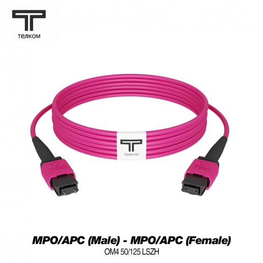 ТЕЛКОМ ШОС-3.0-12-MPO/U(m)-MPO/U(f)-B-MM504-40м-LSZH-MG Шнур оптический соединительный MPO/UPC (Male) - MPO/UPC (Female), 12 волокон, полярность тип B, 50/125 OM4 MM, (3.0мм), LSZH, цвет маджента, длина 40м