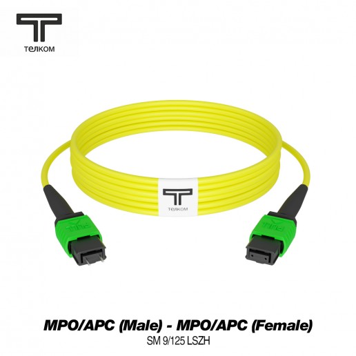 ТЕЛКОМ ШОС-3.0-12-MPO/A(m)-MPO/A(f)-B-SM-25м-LSZH-YL Шнур оптический соединительный MPO/APC (Male) - MPO/APC (Female), 12 волокон, полярность тип B, 9/125 OS2 SM, (3.0мм), LSZH, цвет желтый, длина 25м