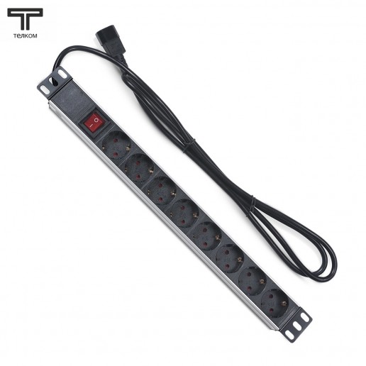 ТЕЛКОМ PDU-8P-2IEC/EY01B-1U-GER8-KG-C14 Блок евророзеток для 19" шкафов, горизонтальный, 8 розеток 220В (Schuko), 10 A, выключатель, алюминиевый корпус, шнур 2 м, IEC 320 (вилка C14)
