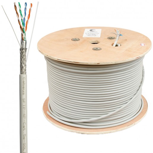Cabeus SFTP-4P-Cat.5e-SOLID-GY Кабель витая пара экранированная SFTP (SF/UTP), категория 5e, 4 пары (24 AWG), одножильный (305 м), PVC нг(А)-LS