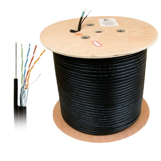 Cabeus FTP-4P-Cat.5e-SOLID-ST-OUT Кабель витая пара экранированная FTP (F/UTP), категория 5e, 4 пары (24 AWG), одножильный, экран - фольга, для внешней прокладки, с металлическим тросом (305 м)