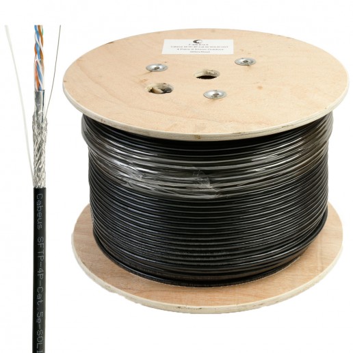 Cabeus SFTP-4P-Cat.5e-SOLID-OUT-LSZH-UV Кабель витая пара экранированная SFTP (SF/UTP), категория 5e, 4 пары (24 AWG), одножильный, для внутренней и внешней прокладки (+75 C - -40 C), LSZH-UV (305 м)