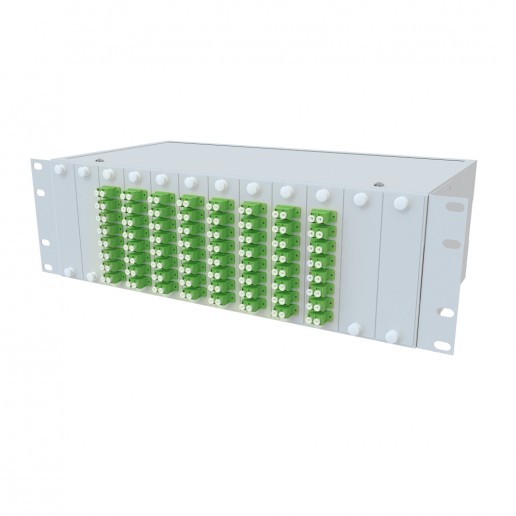 ТЕЛКОМ КСп-19-3U-64-DLC/APC-9/125 Кросс оптический 19" стоечный 3U на 64 порта LC/APC duplex 9/125мкм предсобранный (пигтейл LC/APC 9/125-128шт, розетка DLC/APC-64шт, сплайс кассета, КДЗС-128шт)