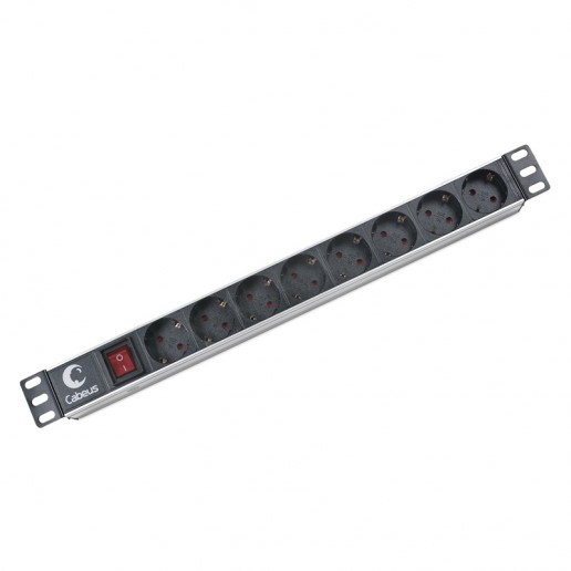 Cabeus PDU-8P Блок распределения питания для 19" шкафов, горизонтальный, 8 розеток, 10 A, выключатель, гнездо под шнур, алюминиевый корпус