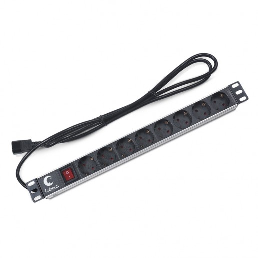 Cabeus PDU-8P-2IEC Блок распределения питания для 19" шкафов, горизонтальный, 8 розеток, 10 A, выключатель, алюминиевый корпус, шнур 2 м, вилка IEC 320 C14