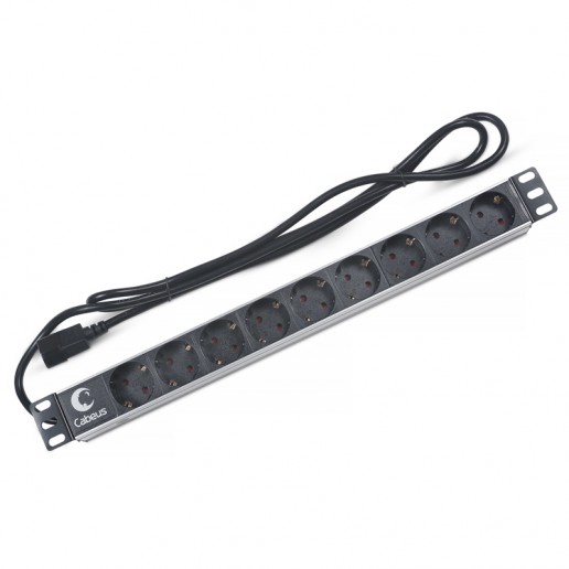 Cabeus PDU-9P-2IEC Блок распределения питания для 19" шкафов, горизонтальный, 9 розеток, 10 A, без выключателя, алюминиевый корпус, шнур 2 м, вилка IEC 320 C14