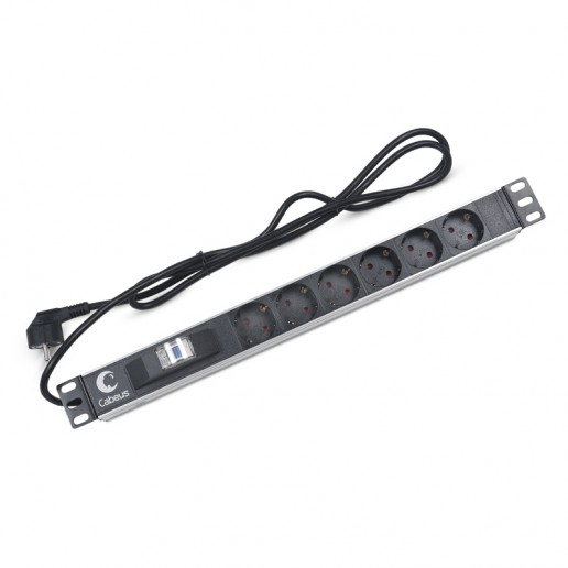 Cabeus PDU-6P-B-2EU Блок распределения питания для 19" шкафов, горизонтальный, 6 розеток, автомат защиты 16 A , шнур 2м, алюминиевый корпус, немецкий стандарт