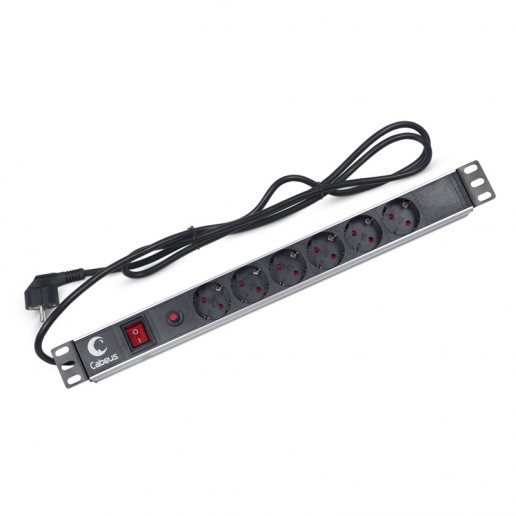 Cabeus PDU-6P-F-2EU Блок распределения питания для 19" шкафов, горизонтальный, 6 розеток, 16 A, выключатель, шнур 2м, алюминиевый корпус, немецкий стандарт