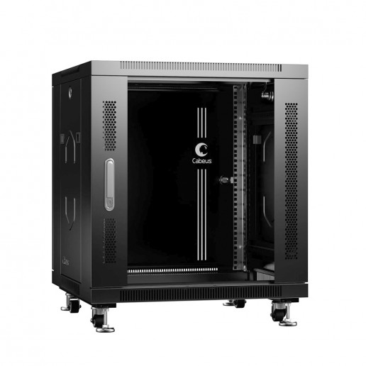 Cabeus SH-05C-12U60/60-BK Шкаф монтажный телекоммуникационный 19" напольный для распределительного и серверного оборудования 12U 600x600x730mm (ШхГхВ) передняя стеклянная и задняя сплошная металлическая двери, ручка с замком, цвет черный (RAL 9004)