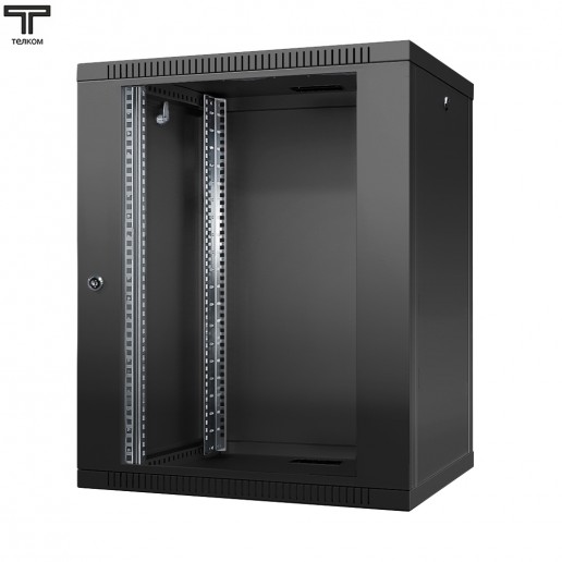 ТЕЛКОМ TL-15.6.4-С.9005МА Шкаф настенный 15U 600x450x757мм (ШхГхВ) телекоммуникационный 19", дверь стеклянная в металлической раме, цвет черный (RAL9005МА) (4 места)