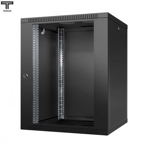 ТЕЛКОМ TL-15.6.6-С.9005МА Шкаф настенный 15U 600x600x757мм (ШхГхВ) телекоммуникационный 19", дверь стеклянная в металлической раме, цвет черный (RAL9005МА) (4 места)