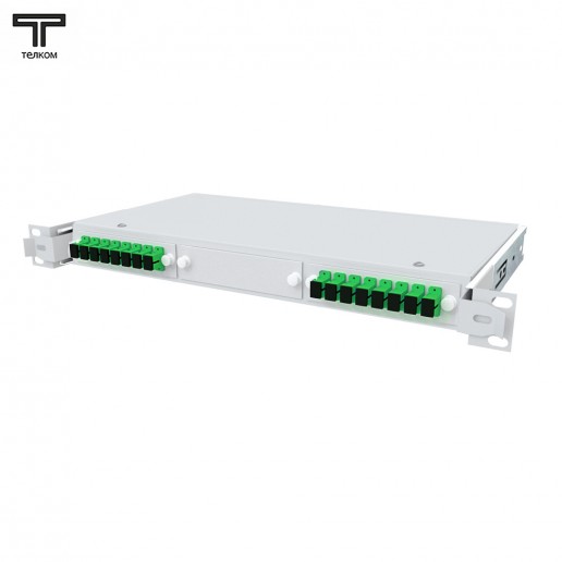 ТЕЛКОМ КСВп-19-1U-16-SC/APC-9/125 Кросс оптический 19" выдвижной 1U на 16 портов SC/APC 9/125мкм предсобранный (пигтейл SC/APC 9/125-16шт, розетка SC-16шт, сплайс кассета с крышкой-1шт, КДЗС-16шт)