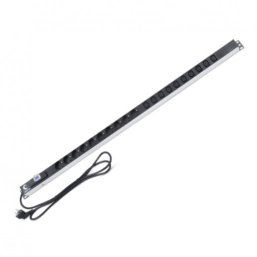 Cabeus PDU-16-10S-10C13-B Блок распределения питания для 19" шкафов, вертикальный, 10 розеток Schuko, 10 розеток IEC 320 C13, 16А, автомат защиты, алюминиевый корпус, шнур с вилкой Schuko 2 м