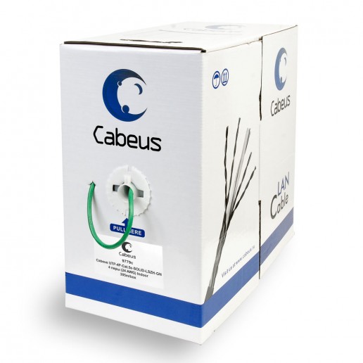 Cabeus UTP-4P-Cat.5e-SOLID-LSZH-GN Кабель витая пара UTP (U/UTP), категория 5e, 4 пары (24 AWG), одножильный, зеленый, LSZH, нг(А)-HF (305 м)