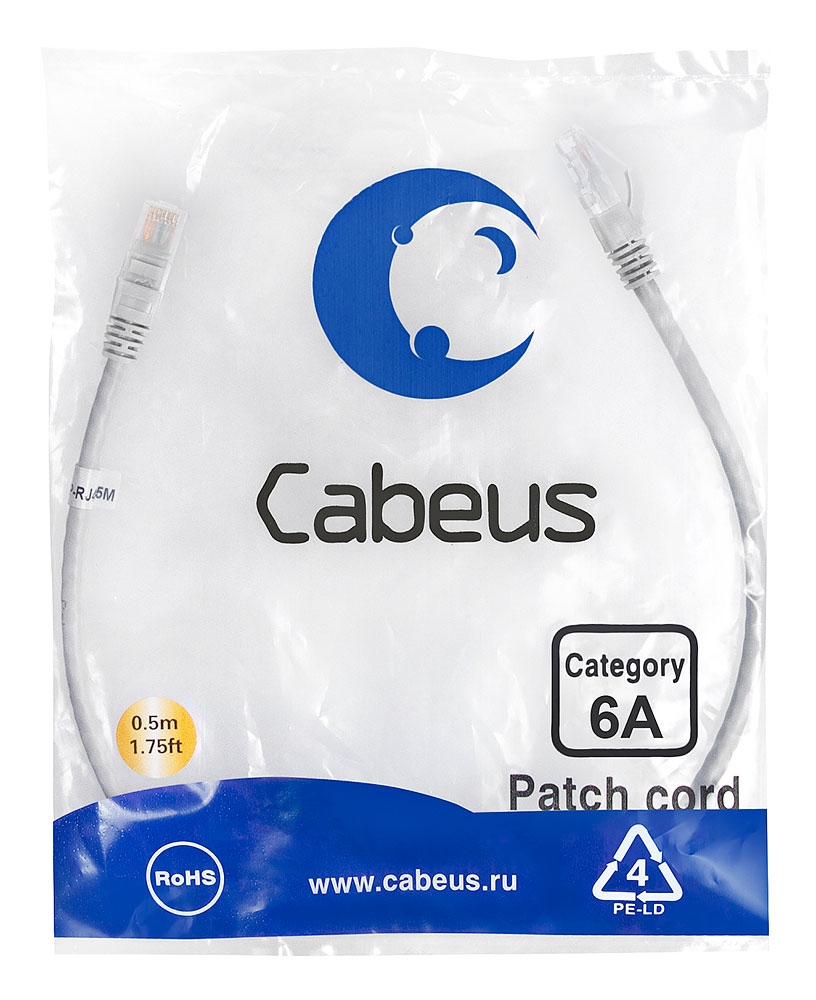 CABEUS PC-UTP-RJ45-CAT.6A-0,5M-LSZH ПАТЧ-КОРД U/UTP, КАТЕГОРИЯ 6А (10G), 2XRJ45/8P8C, НЕЭКРАНИРОВАННЫЙ, СЕРЫЙ, LSZH, 0,5М