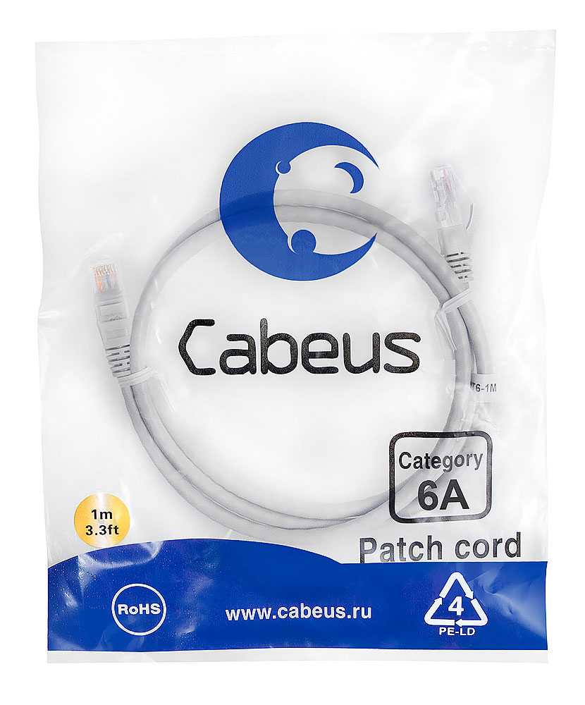 CABEUS PC-UTP-RJ45-CAT.6A-1M-LSZH ПАТЧ-КОРД U/UTP, КАТЕГОРИЯ 6А (10G), 2XRJ45/8P8C, НЕЭКРАНИРОВАННЫЙ, СЕРЫЙ, LSZH, 1М
