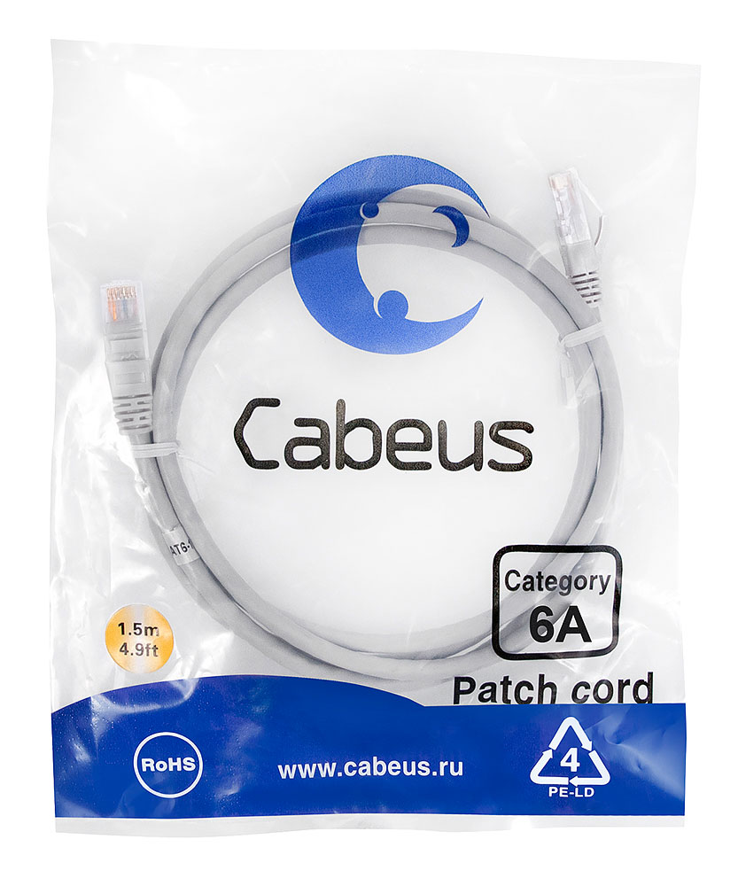 CABEUS PC-UTP-RJ45-CAT.6A-1,5M-LSZH ПАТЧ-КОРД U/UTP, КАТЕГОРИЯ 6А (10G), 2XRJ45/8P8C, НЕЭКРАНИРОВАННЫЙ, СЕРЫЙ, LSZH, 1,5М