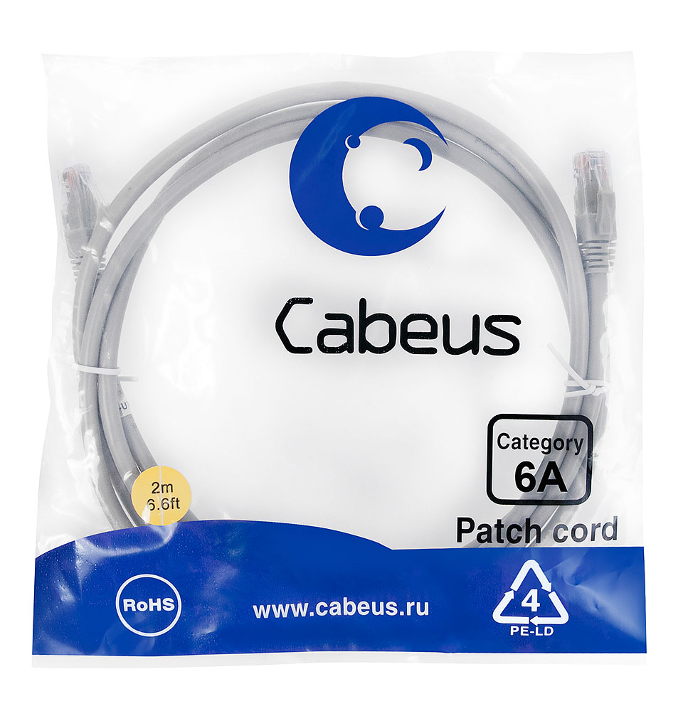 CABEUS PC-UTP-RJ45-CAT.6A-2M-LSZH ПАТЧ-КОРД U/UTP, КАТЕГОРИЯ 6А (10G), 2XRJ45/8P8C, НЕЭКРАНИРОВАННЫЙ, СЕРЫЙ, LSZH, 2М