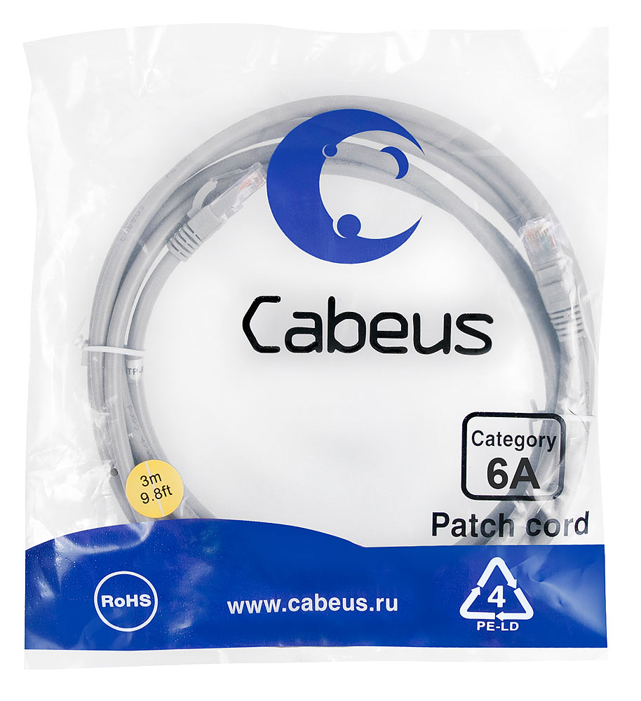 CABEUS PC-UTP-RJ45-CAT.6A-3M-LSZH ПАТЧ-КОРД U/UTP, КАТЕГОРИЯ 6А (10G), 2XRJ45/8P8C, НЕЭКРАНИРОВАННЫЙ, СЕРЫЙ, LSZH, 3М