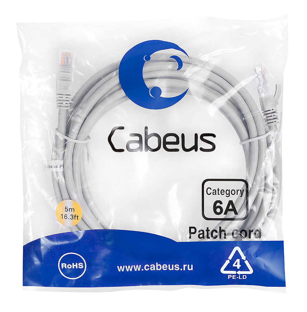 CABEUS PC-UTP-RJ45-CAT.6A-5M-LSZH ПАТЧ-КОРД U/UTP, КАТЕГОРИЯ 6А (10G), 2XRJ45/8P8C, НЕЭКРАНИРОВАННЫЙ, СЕРЫЙ, LSZH, 5М