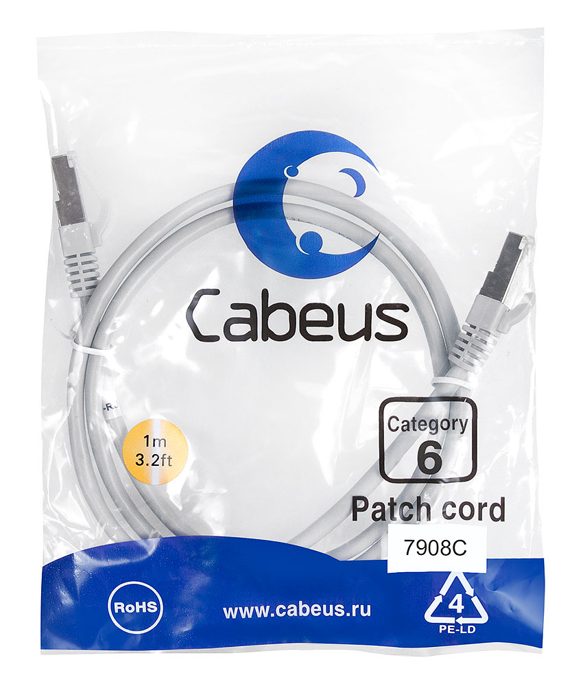 Cabeus PC-FTP-RJ45-Cat.6-1m-LSZH Патч-корд F/UTP, категория 6, 2xRJ45/8p8c, экранированный, серый, LSZH, 1м