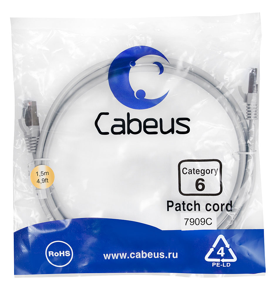 Cabeus PC-FTP-RJ45-Cat.6-1.5m-LSZH Патч-корд F/UTP, категория 6, 2xRJ45/8p8c, экранированный, серый, LSZH, 1.5м