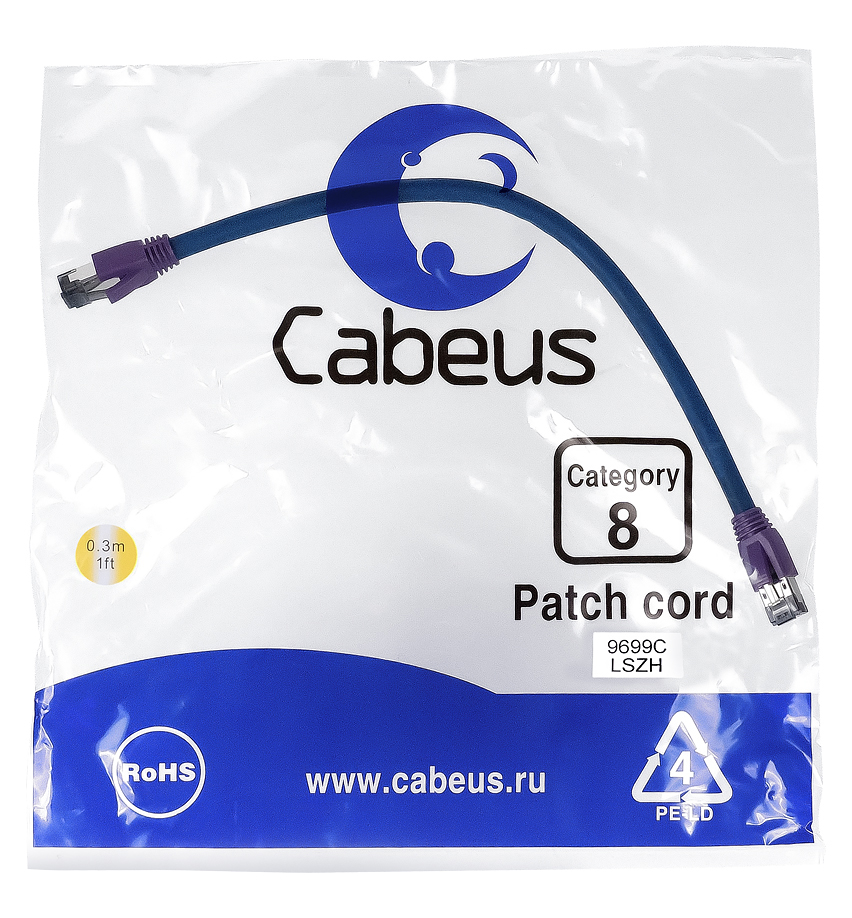 CABEUS PC-SSTP-RJ45-CAT.8-0.3M-LSZH ПАТЧ-КОРД S/FTP, КАТЕГОРИЯ 8 (40G, 2000 MHZ), 2XRJ45/8P8C, ЭКРАНИРОВАННЫЙ, СИНИЙ, LSZH, 0.3 М