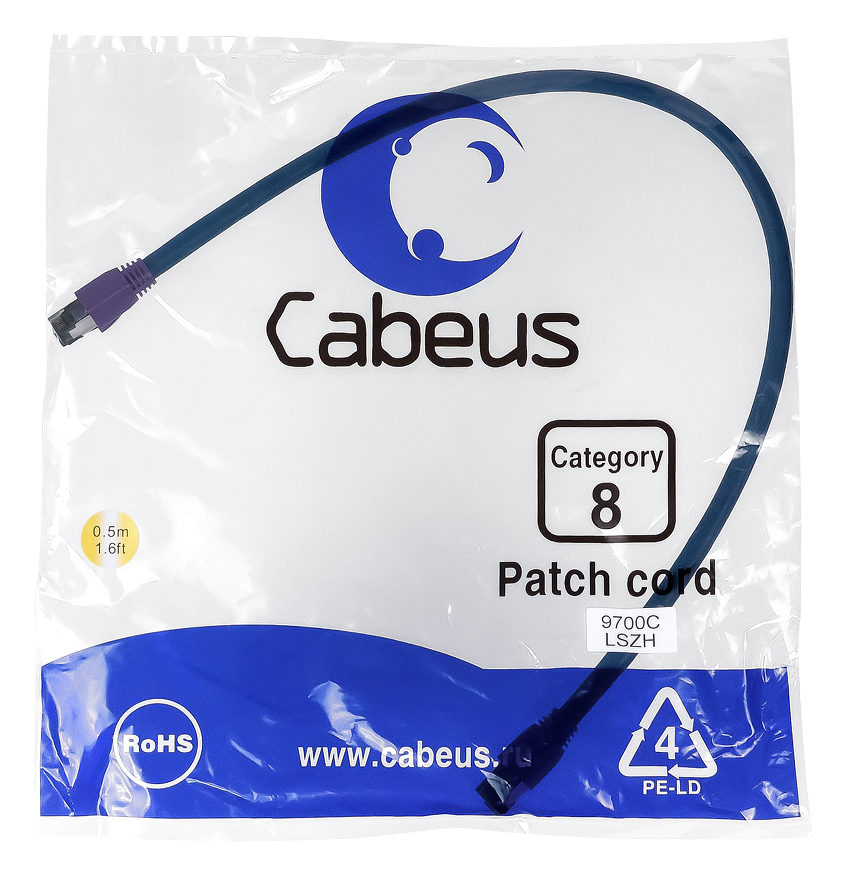 CABEUS PC-SSTP-RJ45-CAT.8-0.5M-LSZH ПАТЧ-КОРД S/FTP, КАТЕГОРИЯ 8 (40G, 2000 MHZ), 2XRJ45/8P8C, ЭКРАНИРОВАННЫЙ, СИНИЙ, LSZH, 0.5 М