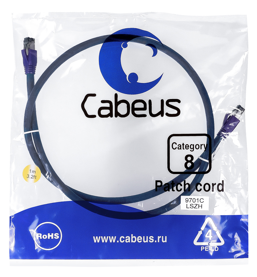 CABEUS PC-SSTP-RJ45-CAT.8-0.1M-LSZH ПАТЧ-КОРД S/FTP, КАТЕГОРИЯ 8 (40G, 2000 MHZ), 2XRJ45/8P8C, ЭКРАНИРОВАННЫЙ, СИНИЙ, LSZH, 1 М