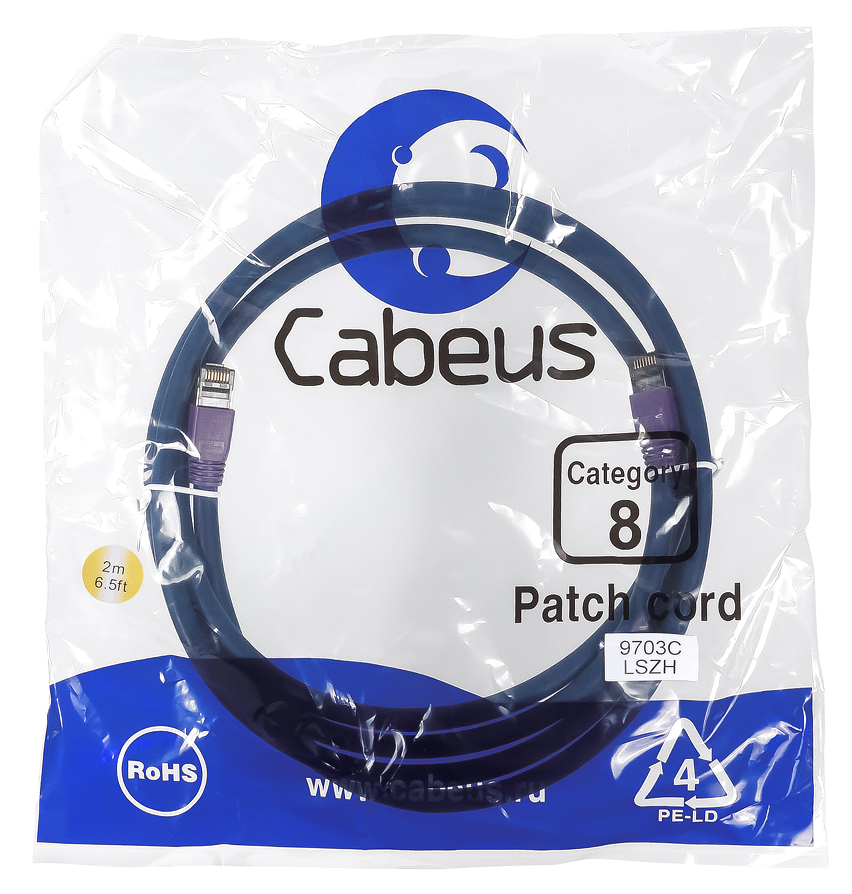 CABEUS PC-SSTP-RJ45-CAT.8-0.2M-LSZH ПАТЧ-КОРД S/FTP, КАТЕГОРИЯ 8 (40G, 2000 MHZ), 2XRJ45/8P8C, ЭКРАНИРОВАННЫЙ, СИНИЙ, LSZH, 2 М