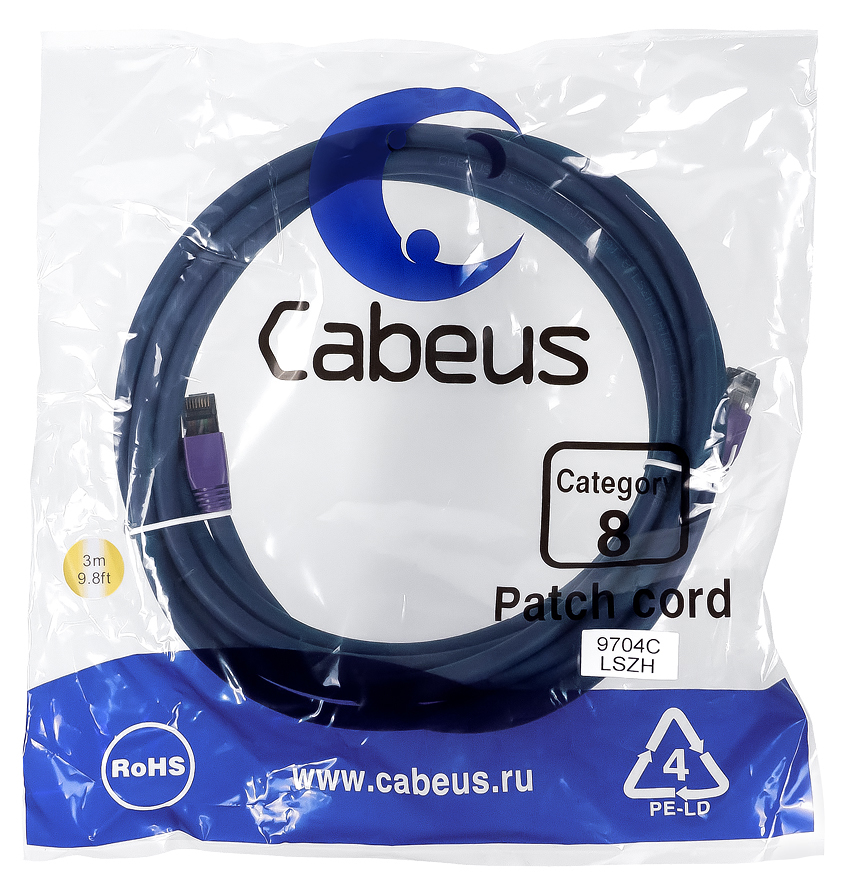 CABEUS PC-SSTP-RJ45-CAT.8-3M-LSZH ПАТЧ-КОРД S/FTP, КАТЕГОРИЯ 8 (40G, 2000 MHZ), 2XRJ45/8P8C, ЭКРАНИРОВАННЫЙ, СИНИЙ, LSZH, 3 М