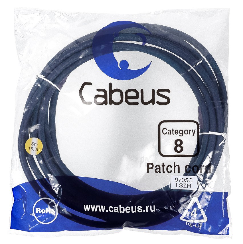 CABEUS PC-SSTP-RJ45-CAT.8-5M-LSZH ПАТЧ-КОРД S/FTP, КАТЕГОРИЯ 8 (40G, 2000 MHZ), 2XRJ45/8P8C, ЭКРАНИРОВАННЫЙ, СИНИЙ, LSZH, 5 М