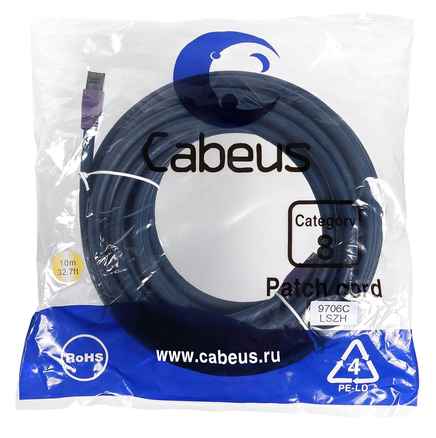 CABEUS PC-SSTP-RJ45-CAT.8-10M-LSZH ПАТЧ-КОРД S/FTP, КАТЕГОРИЯ 8 (40G, 2000 MHZ), 2XRJ45/8P8C, ЭКРАНИРОВАННЫЙ, СИНИЙ, LSZH, 10 М