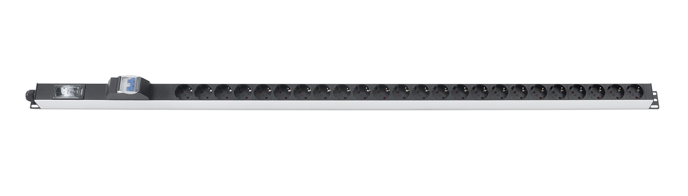 Cabeus PDU-32-24S-B-T Блок розеток для 19" шкафов, вертикальный, 24 розетки Schuko, 32А, автомат защиты, алюминиевый корпус, клеммная колодка