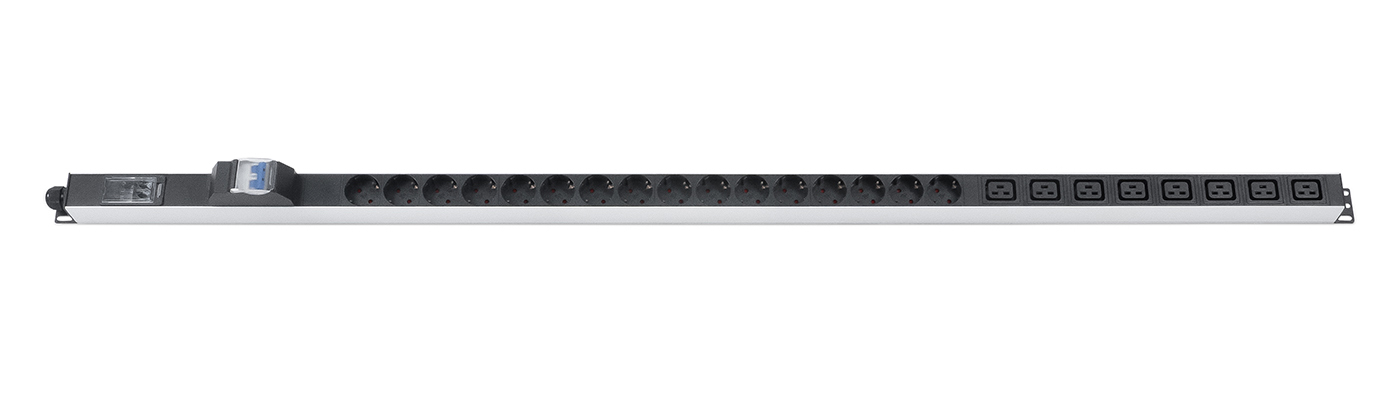 Cabeus PDU-32-16S-8C19-B-T Блок розеток для 19" шкафов, вертикальный, 16 розеток Schuko, 8 розеток IEC 320 C19, 32А, автомат защиты, алюминиевый корпус, клеммная колодка