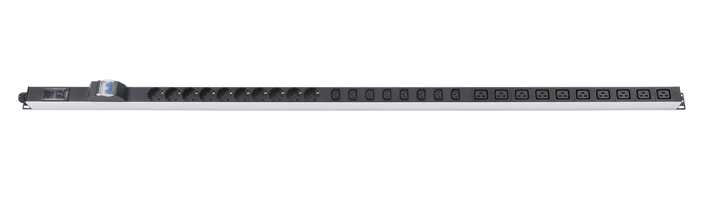 Cabeus PDU-32-10S-10C19-8C13-B-T Блок розеток для 19" шкафов, вертикальный, 10 розеток Schuko, 10 розеток IEC 320 C19, 8 розеток IEC 320 C13, 32А, автомат защиты, алюминиевый корпус, клеммная колодка