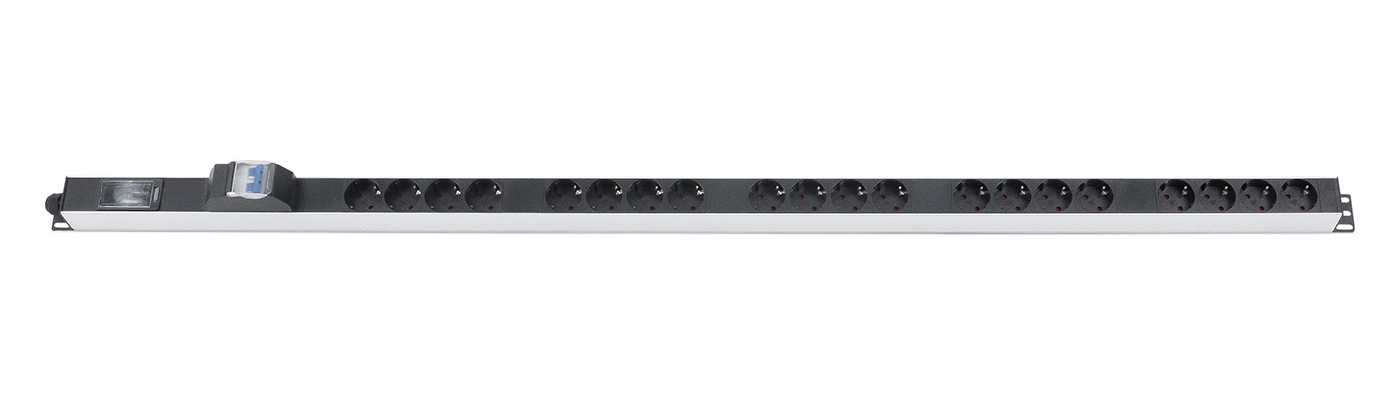 Cabeus PDU-16-20S-B-T Блок розеток для 19" шкафов, вертикальный, 20 розеток Schuko, 16А, автомат защиты, алюминиевый корпус, клеммная колодка