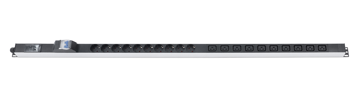 Cabeus PDU-16-10S-10C19-B-T Блок розеток для 19" шкафов, вертикальный, 10 розеток Schuko, 10 розеток IEC 320 C19, 16А, автомат защиты, алюминиевый корпус, клеммная колодка