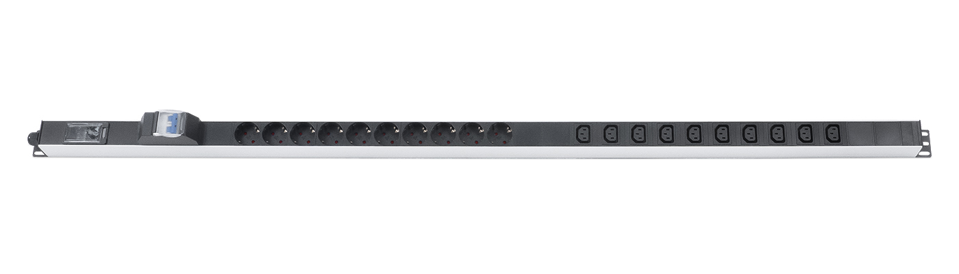 Cabeus PDU-16-10S-10C13-B-T Блок розеток для 19" шкафов, вертикальный, 10 розеток Schuko, 10 розеток IEC 320 C13, 16А, автомат защиты, алюминиевый корпус, клеммная колодка