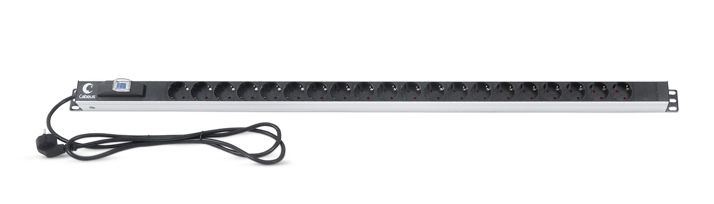 Cabeus PDU-16-20S-B Блок розеток для 19" шкафов, вертикальный, 20 розеток Schuko, 16А, автомат защиты, алюминиевый корпус, шнур с вилкой Schuko 2 м