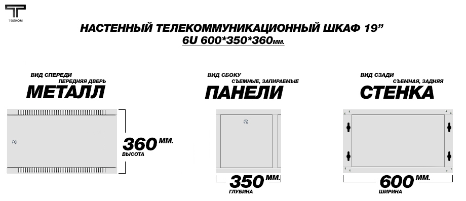19" (дюймов) настенный телекоммуникационный монтажный шкаф 6U (юнитов), глубиной 350мм.