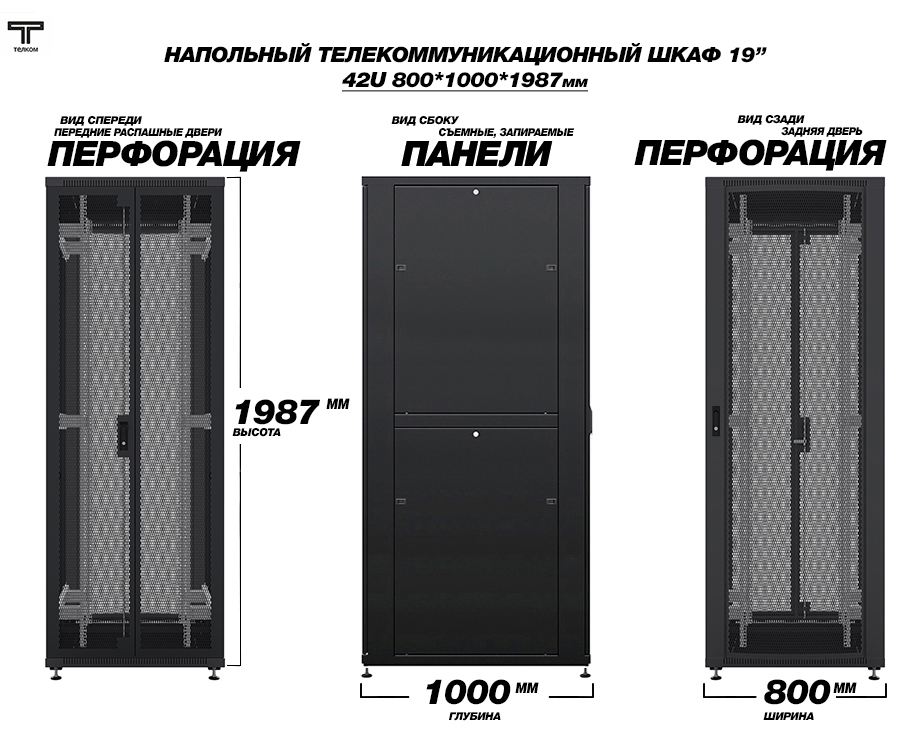 Шкаф напольный телекоммуникационный шириной 800мм., глубиной 1000мм. ТЕЛКОМ.