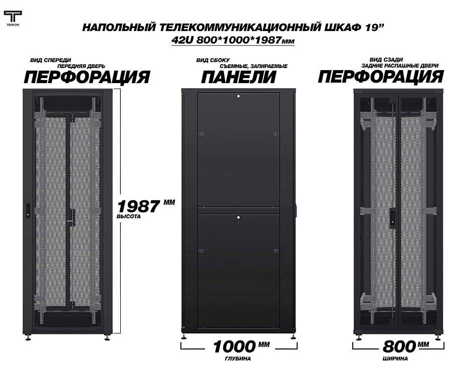 Шкаф напольный телекоммуникационный шириной 800мм., глубиной 1000мм. ТЕЛКОМ.