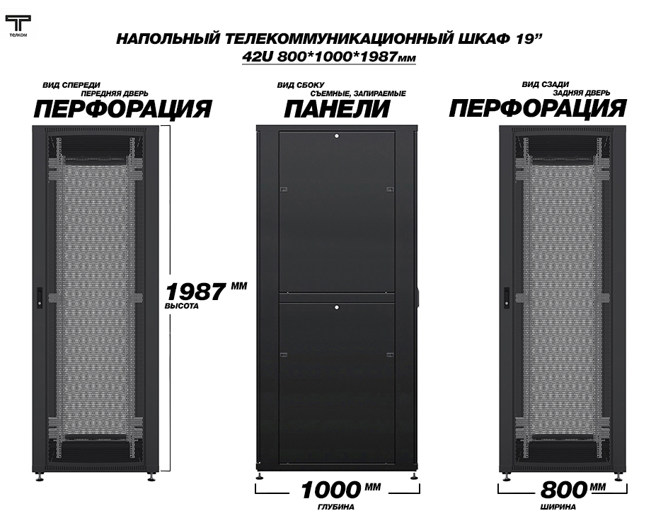 Шкаф напольный телекоммуникационный шириной 800мм., глубиной 1000мм. ТЕЛКОМ.
