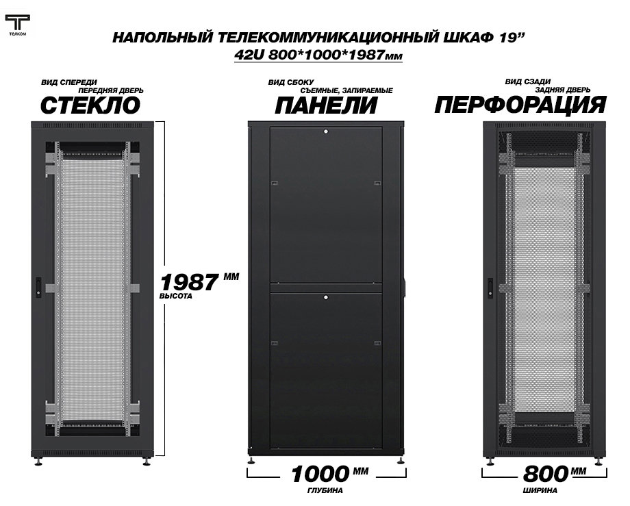Шкаф напольный телекоммуникационный шириной 800мм., глубиной 1000мм. ТЕЛКОМ.