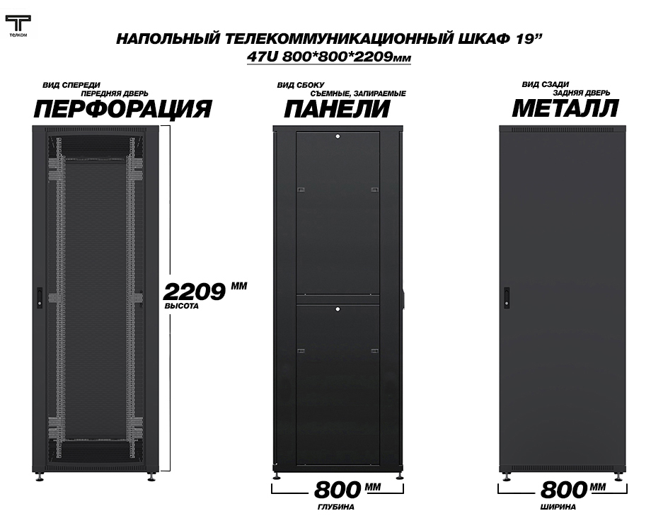 Напольные шкафы ТЕЛКОМ шириной и глубиной 800 мм, двери - перфорация/металл